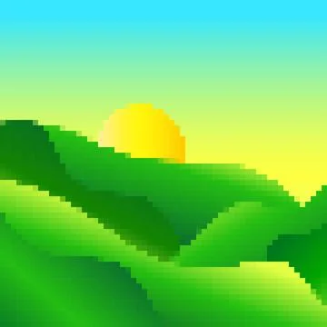 Green meadows at dawn in pixel art style. Rising sun on green fields in the.. Stock Illustration