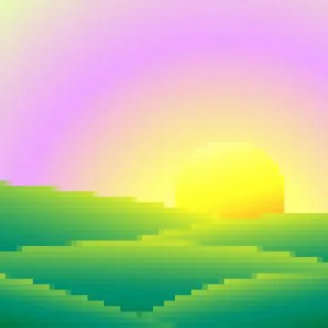 Green meadows at dawn in pixel art style. Rising sun on green fields in the.. Stock Illustration