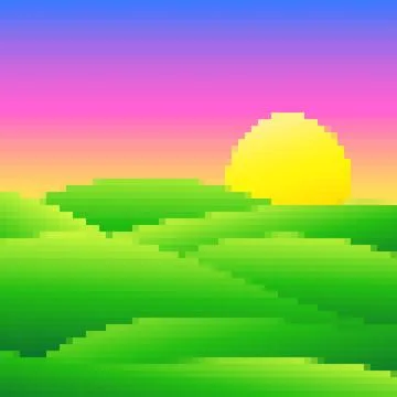 Green meadows at dawn in pixel art style. Rising sun on green fields in the.. Stock Illustration