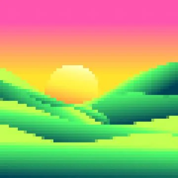 Green meadows at dawn in pixel art style. Rising sun on green fields in the.. Stock Illustration