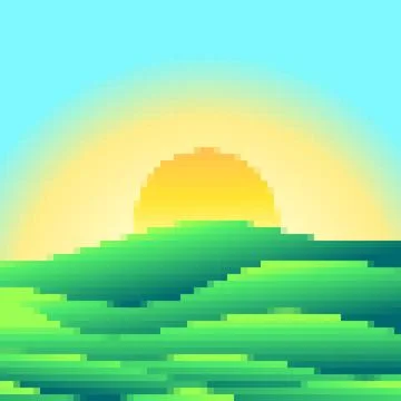 Green meadows at dawn in pixel art style. Rising sun on green fields in the.. Stock Illustration
