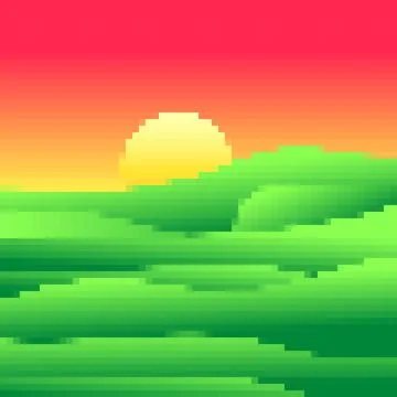 Green meadows at dawn in pixel art style. Rising sun on green fields in the.. Stock Illustration