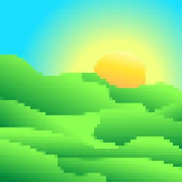 Green meadows at dawn in pixel art style. Rising sun on green fields in the.. Stock Illustration