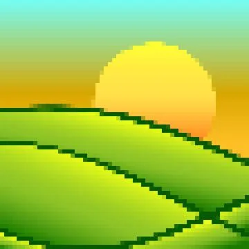 Green meadows at dawn in pixel art style. Rising sun on green fields in the.. Stock Illustration