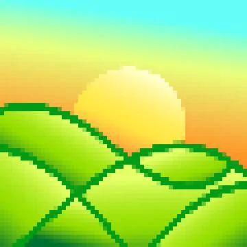 Green meadows at dawn in pixel art style. Rising sun on green fields in the.. Stock Illustration