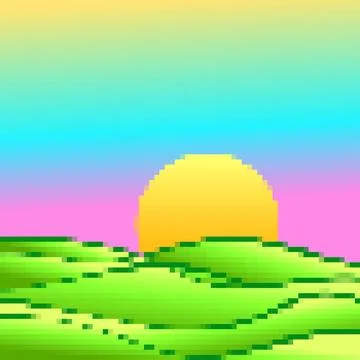 Green meadows at dawn in pixel art style. Rising sun on green fields in the.. Stock Illustration