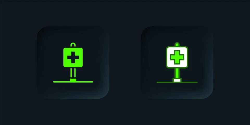 Green Medical map pointer with cross hospital icon isolated on black backgr.. Stock Illustration