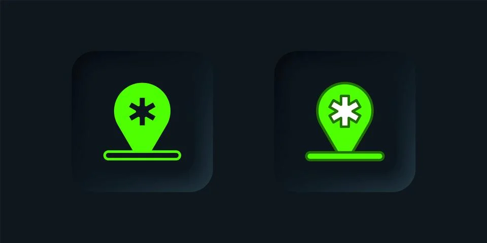 Green Medical map pointer with cross hospital icon isolated on black backgr.. Stock Illustration