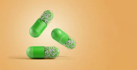 Green medication capsules, 3d rendering Stock Illustration