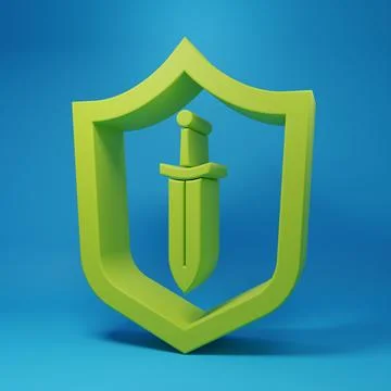Green Medieval shield with sword icon isolated on blue background. Minimali.. Stock Illustration