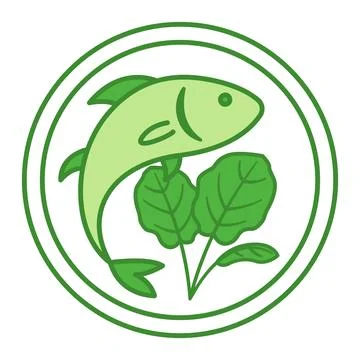 Green Mediterranean Icon. Vector Icon of Sea Fish and Young Leaves. Mediter.. Stock Illustration