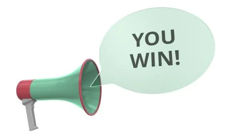 Green megaphone with YOU WIN message on speech bubble. Conceptual 3D rendering Stock Illustration