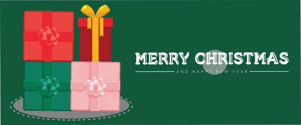 Green Merry Christmas Banner with Stack of Wrapped Gifts Vector Stock Illustration