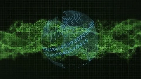 Green mesh entering left starting wireframe globe rotating digit ribbon Stock Footage 329702942