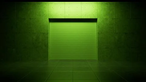 Green metallic shutter door closing in concrete garage Stock Illustration