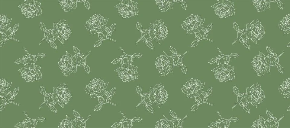 Green minimalistic seamless pattern with white roses. Stock Illustration