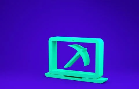 Green Mining concept with laptop and pickaxe icon isolated on blue background Stock Illustration