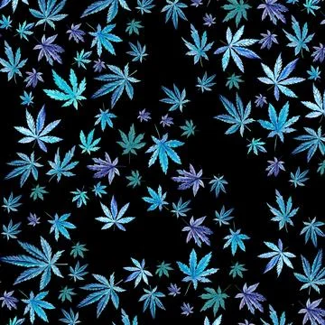 Green, mint, blue cannabis pattern on black background, green leaves Hand drawn 스톡 일러스트
