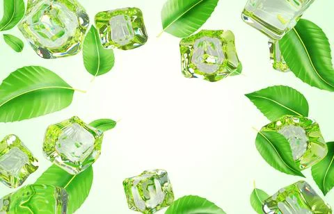 Green mint leaves with ice cubes on white background 3d render. Summer banner Stock Illustration