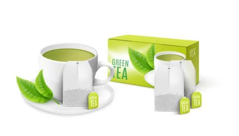 Green mint tea bag packaging 3d mockup, realistic vector illustration isolated Illustrazione stock