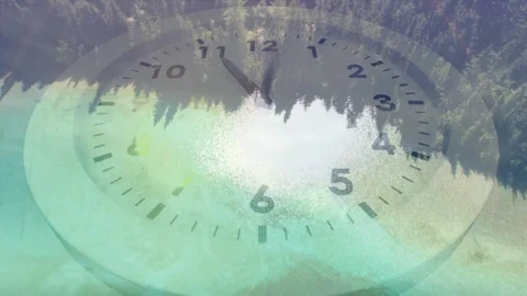 Green mist and moon dissolving, analog clock rotating, revealing forest lake Stock Footage 328330284