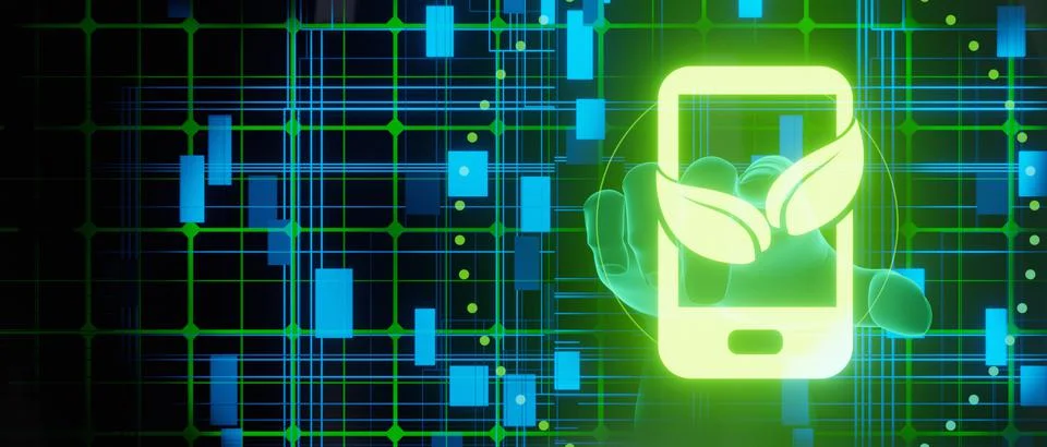 Green Mobile Tech Abstract Data 3D Illustration 写真素材