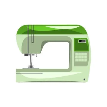 Green modern electronic sewing machine, dressmakers equipment vector Illustrazione stock