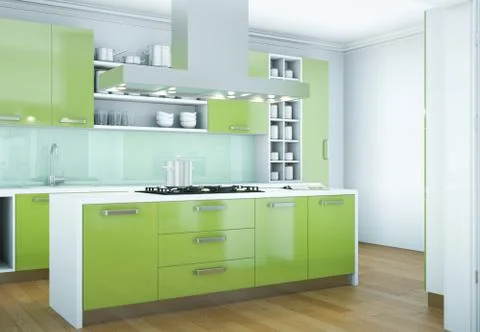 Green modern kitchen interior design illustration Stock Illustration