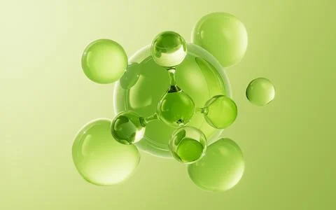 Green molecule and soft bubbles background, 3d rendering. Stock Photos