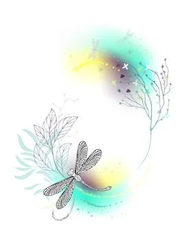 Green monogram with outline dragonfly Stock Illustration