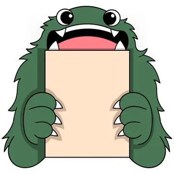 Green monster with friendly face holding white paper Stock Illustration