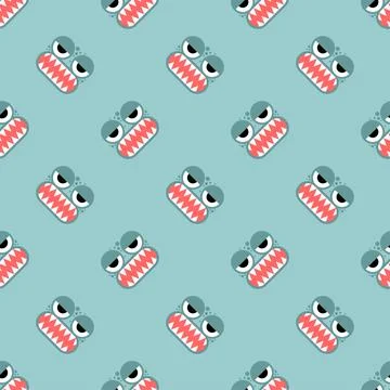 Green monster pattern. Monster eyes and teeth ornament. Kids fabric backgroun 스톡 일러스트
