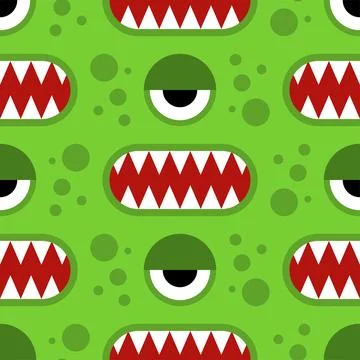 Green monster pattern. Monster eyes and teeth ornament. Kids fabric backgroun Illustrazione stock