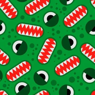 Green monster pattern. Monster eyes and teeth ornament. Kids fabric backgroun 스톡 일러스트