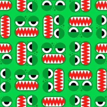 Green monster pattern. Monster eyes and teeth ornament. Kids fabric backgroun Stock Illustration