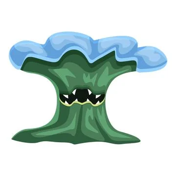 Green monster with sharp teeth and blue hair showing its threatening fangs 库存插图