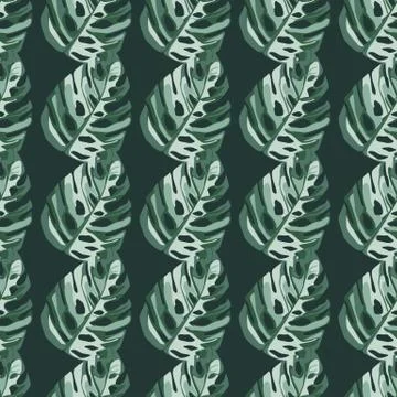 Green monstera leafs seamless pattern. Dark turquoise background. Hand draw f Illustrazione stock