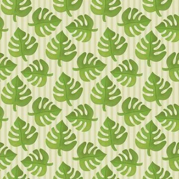 Green Monstera Leaves Seamless Pattern with Beige Stripes Stock Illustration