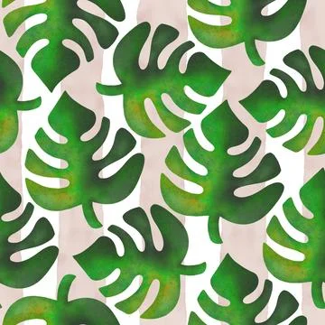 Green Monstera Leaves Seamless Pattern with Peach Stripes Stock Illustration