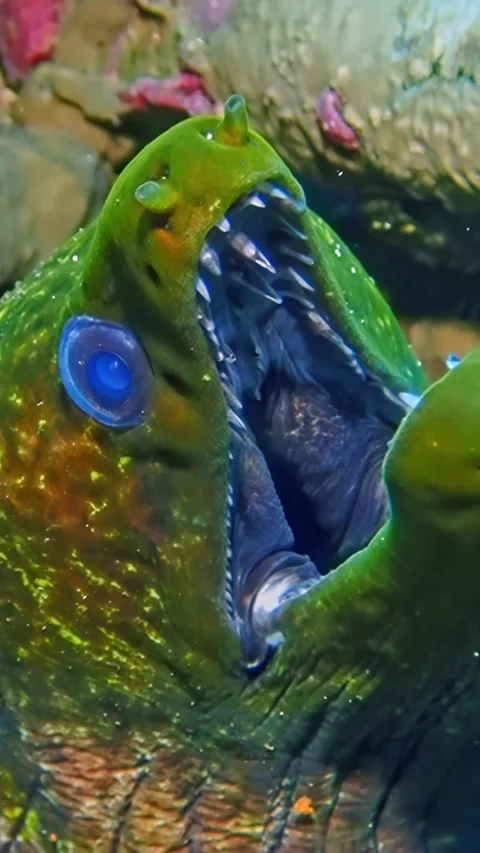 Green moray eel unveils jaws off coast of aqaba, jordan Stock Footage 312003475