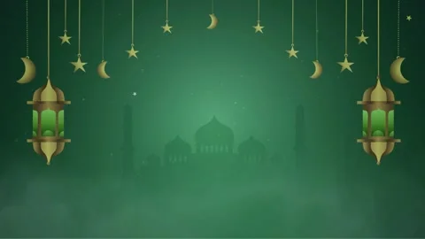 Green Mosque Silhouette with Hanging Lanterns and Moons Stock-Footage 336013596