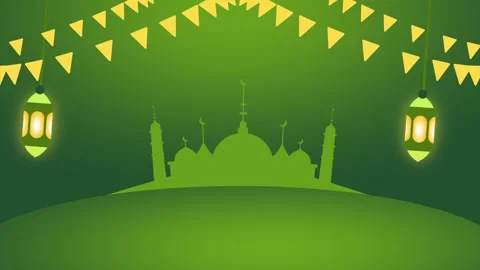 Green Mosque Silhouette with Lantern Decorations Stock Footage 335622518