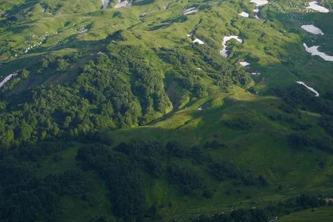 Green mountain gorge with forest and remnants of snow at sunset. Stock Photos