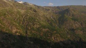 Green mountain hill with small long waterfall and forest trees growing on slope  Stock Footage 85626158