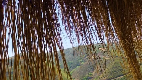 Green Mountain Landscape View Through Traditional Straw Thatched Roof in Turkey Stock Footage 328050807