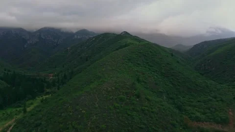 Green mountain slopes and dam, moody aerial view, Western Cape Stock Footage 342334952