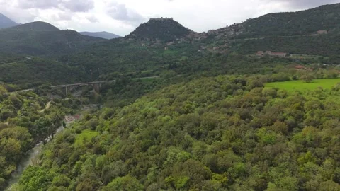 Green Mountain Valley With River and Bridge in Peloponnese Stock Footage 337088278