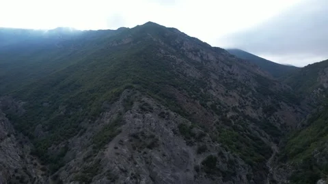 Green mountain valley stretches between forested slopes under cloudy sky Stock Footage 342703716