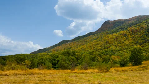 Green mountain valley under a dense cloudy sky time lapse scene Stock Footage 201128895