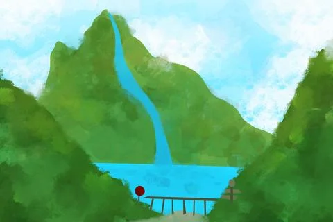 Green Mountain Waterfall Lake During Bright Day Illustration Stock Illustration